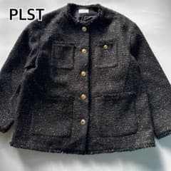 美品 PLST ツイードノーカラージャケット ブラック 金ボタン フリンジ