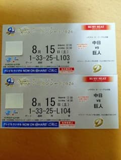 【良席/前通路】中日×巨人 8/15 (土)ルビーシート　 年間シート 2枚のサムネイル