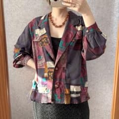 ヴィンテージ レトロ古着 アート柄シャツブルゾン ジャケット 総柄 