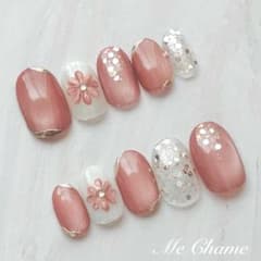 【❁サイズ変更無料❁】ネイルチップ ピンク フラワーアートのサムネイル