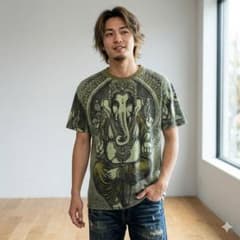 WEED ガネーシャ プリント Tシャツ カーキ Mサイズのサムネイル