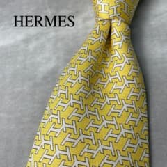 美品 HERMES エルメス H柄 総ロゴ ランダム ネクタイ イエロー 黄