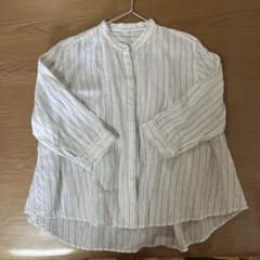 無印良品　リネン洗いざらしスタンドカラー七分袖ブラウス婦人Ｍ・オフ白ストライプのサムネイル