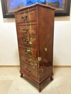 [40 Years Old, Original Item] Chinoiserie Antique Chest, 6 Drawers, Floral and Bird Design, Cabriole Legs, Gold Trim