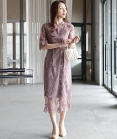 DRESS+　ドレスプラス　総レース ミモレ丈ワンピース ダークピンクのサムネイル