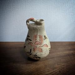 明治期　和蘭陀写　安南風　鉄彩珊瑚文　扁小水注　京焼名工極　一輪挿し　徳利　花器 明治期 和蘭陀写 安南風 鉄彩珊瑚文 扁小水注 京焼名工極 一輪挿し