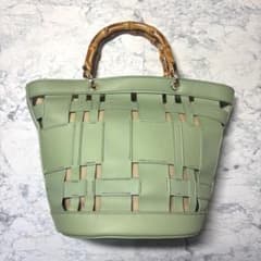 Bamboo Handle Handbag, Woven Design, Light Green