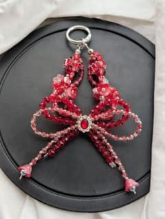 ハンドメイド ビーズストラップ リボン レッドのサムネイル