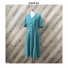 AKRIS アクリス 花柄 総柄 Vネック ロール袖 切替 フレア ワンピース