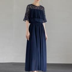 ドレス ネイビー フリル レース 結婚式 ロング丈　Lのサムネイル