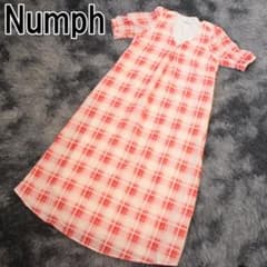 Numph 롱 원피 체크 무늬 사이드 포켓 ​​V 컷 반소매 님프