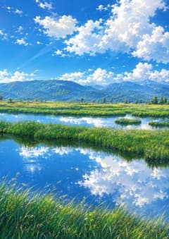 水彩画風】 夏空を映す湿原 ― 静寂の水鏡 - メルカリ