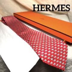 美品✨HERMESエルメス✨ネクタイ レッド ニワトリ 鶏 総柄 高級シルク