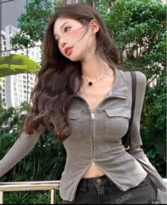 SHEIN ジッパー長袖Tシャツ　グレー　ワンサイズのサムネイル