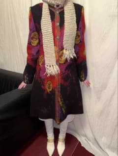 y2k 平成ギャル フランス製 カラフル花柄ウールロングコート 赤い 
