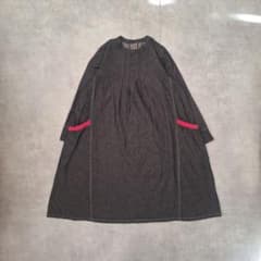 デニム調 ロングワンピース ネイビー ピンタック 赤ライン 長袖 M レトロのサムネイル