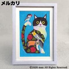 原画「猫と小鳥のポップアート〜ハチワレ猫 青」猫/手描き イラスト