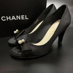 CHANEL シャネル パンプス ロゴパール リボン サテン ブラック 36C