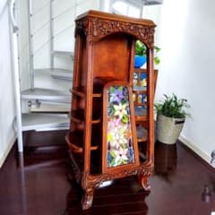 [Antique] Stained Glass Wooden Shelf, Art Nouveau Style, Lighting Furniture, Art Piece