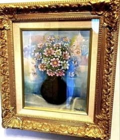 イギリス/アイルランド油彩画　花瓶のコスモスの花　金の豪華な装飾フレーム付き イギリス/アイルランド油彩画 花瓶のコスモスの花 金の豪華な装飾