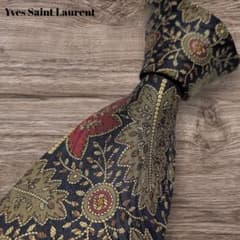 美品】YSL 総柄 ボタニカル シルク ネクタイ ブラック スーツ ビジネス