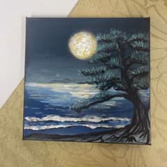 一点物】万福の月夜：黄金に煌めく松と波のアクリルアート（20cm正方形