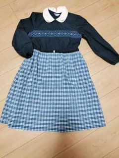 shichiri 荻窪七里刺繍入りネイビーチェックワンピース　ドレス 140