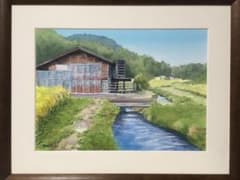 水彩画「黄金色の稲田と水車小屋」のサムネイル