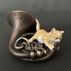 Vintage Horn Figurine: Cute Cat Playing Trumpet, Wind Instrument, Antique Flea Market