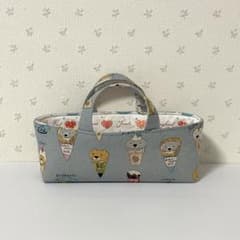 布バスケット メガネ置き アイス猫柄 くすみブルー色 ハンドメイド