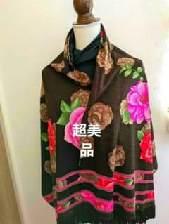 超美品)レオナール花柄ストール ブラウン地 フリンジ付き① - メルカリ