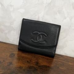 美品 CHANEL シャネル キャビアスキン Wホック ミニ財布 2つ折り財布