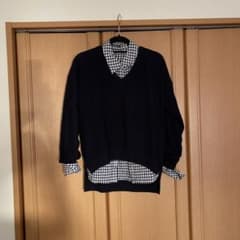ネイビー ニット Vネック チェック柄シャツ 紺色ニット　2枚セット
