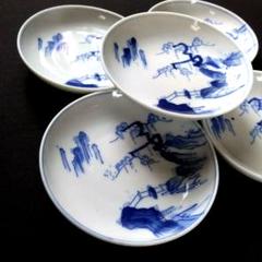 骨董品 明治期 古伊万里 吹墨印判手富士山図　大皿 古伊万里 染付 型刷り印判 富士に龍図 5寸皿 2枚セット