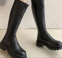 ブラック ロングブーツ 厚底 ジッパー付きのサムネイル