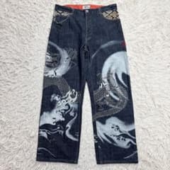 美品 絡繰魂 和柄刺繍 デニムパンツ 昇り龍 ワイド 総柄 XL相当 36