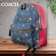 未使用 COACH リュック デニム レザー チェリー柄 赤/青 タグ付き 未使用 COACH リュック デニム レザー チェリー柄 赤/青 タグ付き