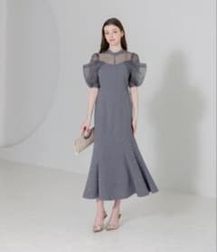 LEJA】パールビジューオーガンジーレースパフスリーブプチハイネック