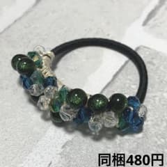 ハーフ シュシュ☆ビーズ ヘアゴム☆ハンドメイド ラメ入り グリーン