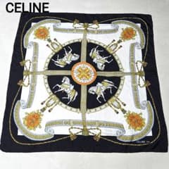 ✨CELINE✨セリーヌ 大判スカーフ 馬車柄 タッセル ブラック 86×86