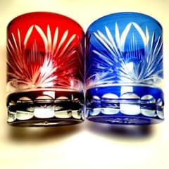 新品未使用希少伝統工芸品江戸切子クリスタルカットペアロックグラス青