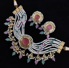 Pearl and colored gemstone multi-strand necklace and earring set