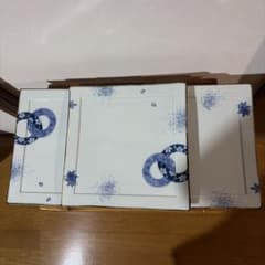 新品・未使用】美濃焼 祥泉窯 染付春秋丸紋 リム付大角皿 3枚 27cm吉祥
