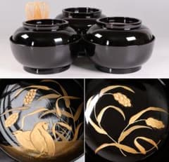 CM441】輪島塗 天然木漆塗 粟穂鶉金蒔絵 黒塗椀 三客 鳥 漆芸 木製漆器