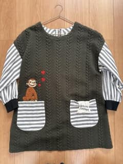 オリーブグリーン ストライプエプロン モンキー刺繍のサムネイル