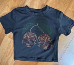 ブラック スカル チェリー ラインストーン 半袖 Tシャツのサムネイル