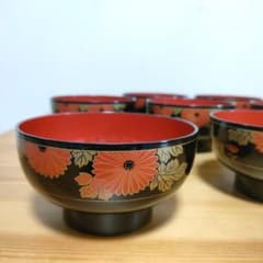 5点セット】汁椀 お椀 蓋なし 菊柄 金彩 内朱 黒塗り 汁椀 吸物椀