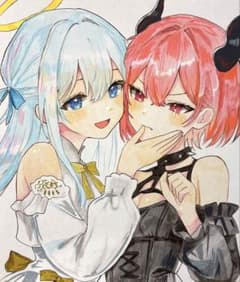原画】手描き アナログ オリジナルイラスト 大色紙 悪魔と天使 No.66