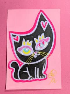【黒猫さん　ピンク】ハガキサイズ　額無し☆　絵画　イラスト　猫イラスト　猫 黒猫さん ピンク】ハガキサイズ 額無し☆絵画 イラスト 猫絵 アート 黒