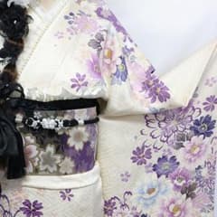 美品】白系振袖7点セット166.5cm成人式ホワイト系成人式前撮り正絹Nn42